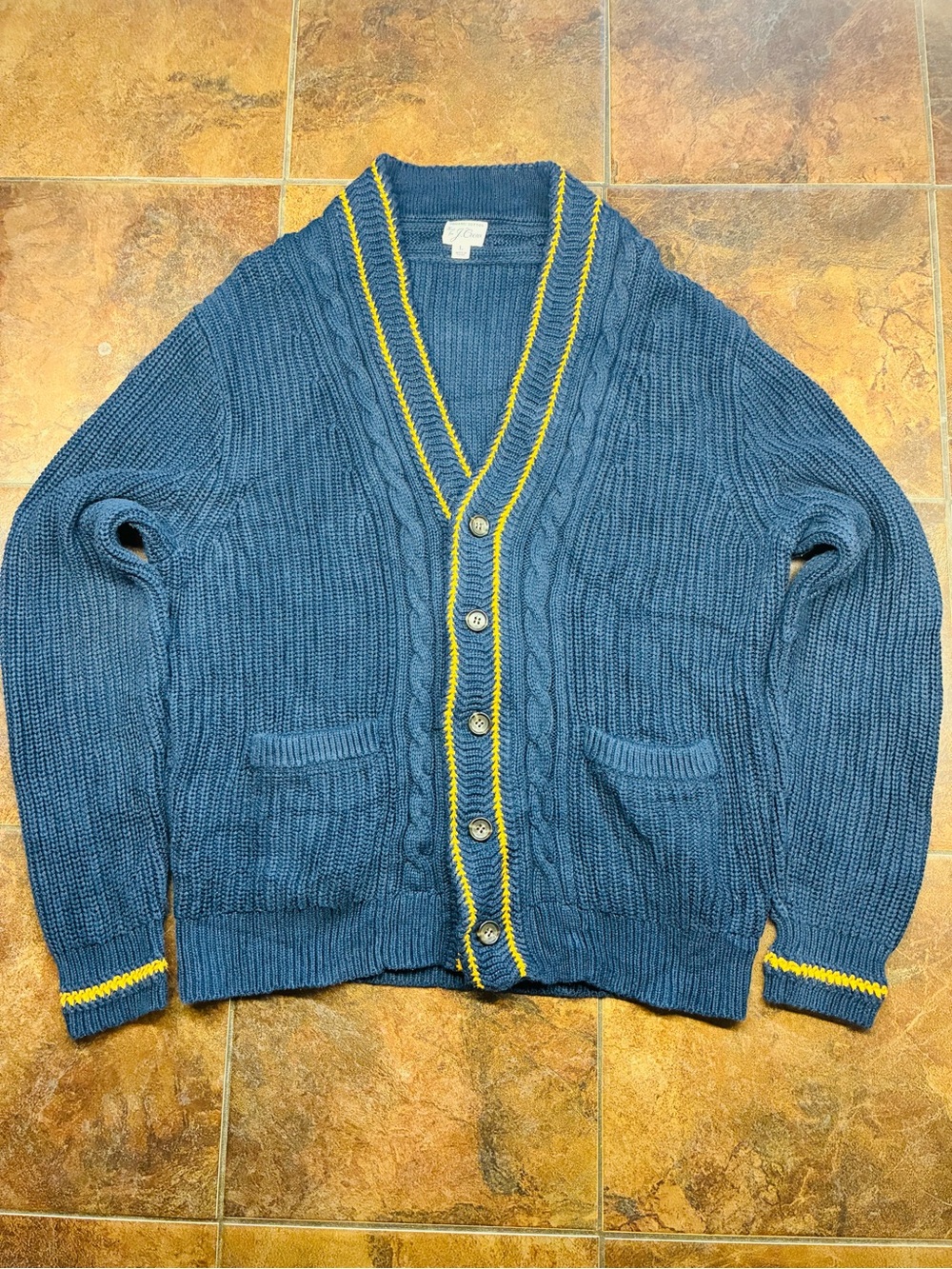 J. Crew Navy Cable-Knit Cardigan with Yellow Trim